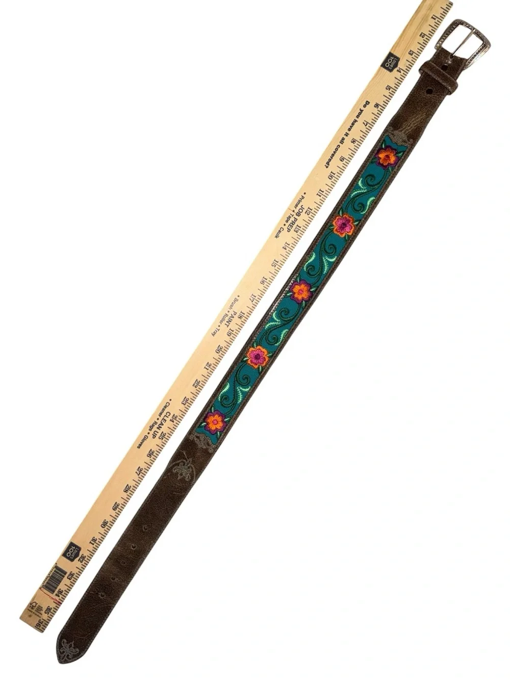 Justin  brown leather western belt teal cowgirl embroidered floral Sz 30